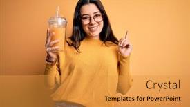  Presentation with yellow orange - Presentation having young-brunette-woman-drinking-fresh background and a gold colored foreground