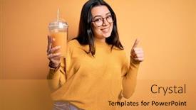  Presentation with yellow orange - Presentation theme enhanced with young-brunette-woman-drinking-fresh background and a gold colored foreground
