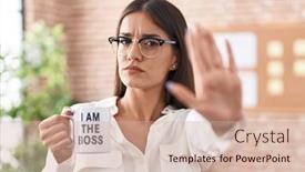  Presentation with cup coffee - Presentation theme featuring young-brunette-woman-drinking background and a soft green colored foreground