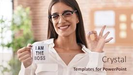  Presentation with coffee cup - PPT theme enhanced with young-brunette-woman-drinking background and a  colored foreground