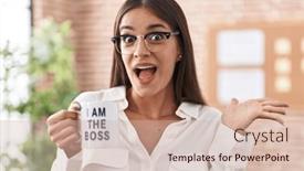  Presentation with winner cup - PPT theme featuring young-brunette-woman-drinking background and a soft green colored foreground