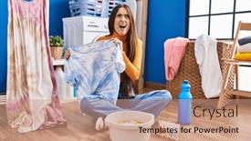  Presentation with anger - PPT theme having young-brunette-woman-dyeing-tye background and a  colored foreground