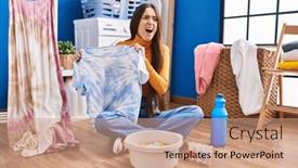  Presentation with anger - Presentation theme featuring young-brunette-woman-dyeing-tye background and a  colored foreground