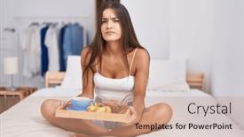  Presentation with breakfast - Presentation design featuring young-brunette-woman-eating-breakfast background and a  colored foreground