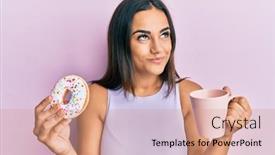 Presentation with eating - Presentation design with young-brunette-woman-eating-doughnut background and a coral colored foreground