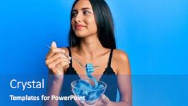  Presentation with weight loss - Amazing PPT theme having young-brunette-woman-eating-measure backdrop and a teal colored foreground