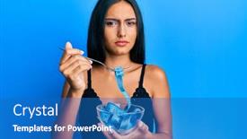  Presentation with loss - Amazing PPT theme having young-brunette-woman-eating-measure backdrop and a teal colored foreground