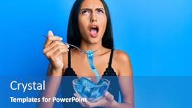  Presentation with loss - Beautiful PPT theme featuring young-brunette-woman-eating-measure backdrop and a teal colored foreground