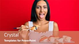  Presentation with chopsticks - Slide set featuring young-brunette-woman-eating-omelet background and a coral colored foreground