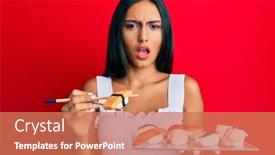  Presentation with chopsticks - Cool new PPT theme with young-brunette-woman-eating-omelet backdrop and a coral colored foreground