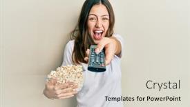  Presentation with popcorn - Audience pleasing presentation theme consisting of young-brunette-woman-eating-popcorn backdrop and a lemonade colored foreground