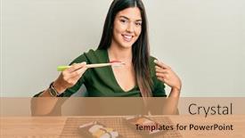  Presentation with sushi - Audience pleasing slide deck consisting of young-brunette-woman-eating-sushi backdrop and a coral colored foreground