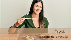  Presentation with standing sitting - Theme with young-brunette-woman-eating-sushi background and a coral colored foreground