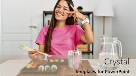  Presentation with chopsticks - PPT layouts with young-brunette-woman-eating-sushi background and a mint green colored foreground