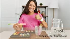  Presentation with sushi - PPT theme enhanced with young-brunette-woman-eating-sushi background and a coral colored foreground