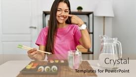  Presentation with sushi - Slide set with young-brunette-woman-eating-sushi background and a  colored foreground