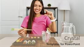  Presentation with sushi - Slide set featuring young-brunette-woman-eating-sushi background and a coral colored foreground