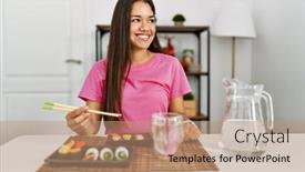  Presentation with sushi - Presentation featuring young-brunette-woman-eating-sushi background and a  colored foreground