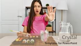  Presentation with sushi - Slide set with young-brunette-woman-eating-sushi background and a coral colored foreground