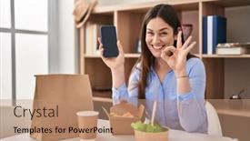  Presentation with take - PPT layouts consisting of young-brunette-woman-eating-take background and a coral colored foreground