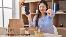  Presentation with take - Theme with young-brunette-woman-eating-take background and a  colored foreground