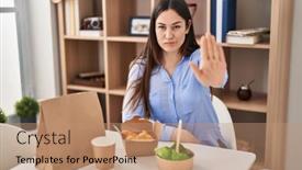  Presentation with defense - Presentation design enhanced with young-brunette-woman-eating-take background and a coral colored foreground