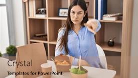  Presentation with take - Slides enhanced with young-brunette-woman-eating-take background and a coral colored foreground
