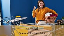  Presentation with young man and a woman - Presentation theme consisting of young-brunette-woman-hanging-clothes background and a yellow colored foreground