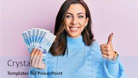  Presentation with south korean - PPT theme having young-brunette-woman-holding-1000 background and a light blue colored foreground