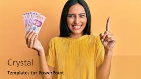  Presentation with questions question marks idea - PPT theme with young-brunette-woman-holding-50 background and a gold colored foreground