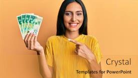  Presentation with israel - Cool new slides with young-brunette-woman-holding-50 backdrop and a yellow colored foreground