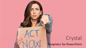  Presentation with now - PPT theme consisting of young-brunette-woman-holding-act background and a coral colored foreground