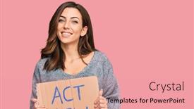  Presentation with now - Colorful PPT layouts enhanced with young-brunette-woman-holding-act backdrop and a coral colored foreground
