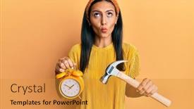  Presentation with clock face - Theme with young-brunette-woman-holding-alarm background and a gold colored foreground