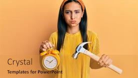  Presentation with clock face - Colorful presentation theme enhanced with young-brunette-woman-holding-alarm backdrop and a gold colored foreground