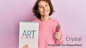  Presentation with colored pencils - Beautiful PPT theme featuring young-brunette-woman-holding-art backdrop and a lemonade colored foreground