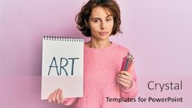  Presentation with colored pencils - Presentation theme with young-brunette-woman-holding-art background and a lemonade colored foreground