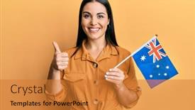  Presentation with australian - Audience pleasing PPT layouts consisting of young-brunette-woman-holding-australian backdrop and a gold colored foreground
