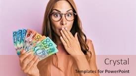  Presentation with woman covering man mouth hand - Slides with young-brunette-woman-holding-australian background and a coral colored foreground