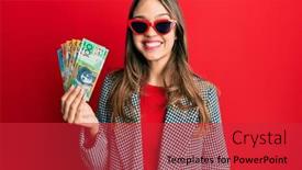  Presentation with australian - Audience pleasing PPT layouts consisting of young-brunette-woman-holding-australian backdrop and a red colored foreground
