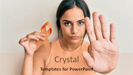  Presentation with awareness - Audience pleasing presentation design consisting of young-brunette-woman-holding-awareness backdrop and a coral colored foreground