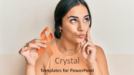 Presentation with awareness - PPT theme enhanced with young-brunette-woman-holding-awareness background and a coral colored foreground
