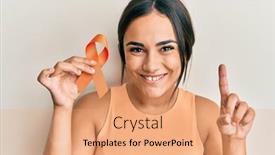  Presentation with awareness - Presentation design consisting of young-brunette-woman-holding-awareness background and a coral colored foreground