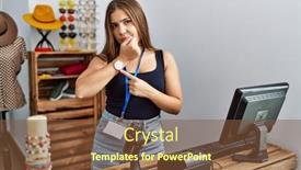  Presentation with retail - Presentation theme enhanced with young-brunette-woman-holding-banner background and a tawny brown colored foreground