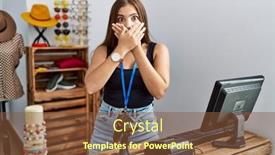  Presentation with woman hands open - Presentation design consisting of young-brunette-woman-holding-banner background and a tawny brown colored foreground