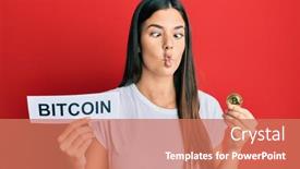  Presentation with money bitcoin - Colorful PPT theme enhanced with young-brunette-woman-holding-bitcoin backdrop and a coral colored foreground
