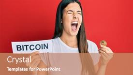  Presentation with money bitcoin - Colorful PPT theme enhanced with young-brunette-woman-holding-bitcoin backdrop and a coral colored foreground