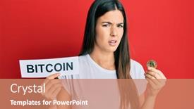  Presentation with money bitcoin - Presentation design enhanced with young-brunette-woman-holding-bitcoin background and a coral colored foreground