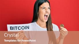  Presentation with money bitcoin - Audience pleasing presentation theme consisting of young-brunette-woman-holding-bitcoin backdrop and a coral colored foreground