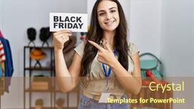  Presentation with black woman - PPT theme consisting of young-brunette-woman-holding-black background and a coral colored foreground